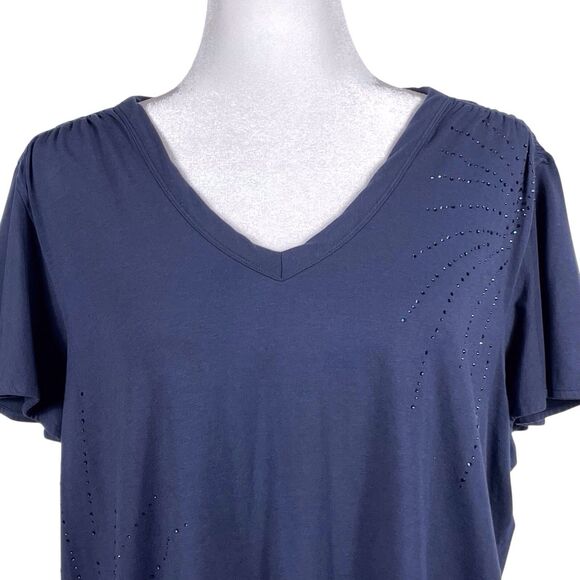 Chico’s Touch of Cool Navy V-Neck Flutter Sleeve Embellished Top Size 3 (XL) - Picture 7 of 16